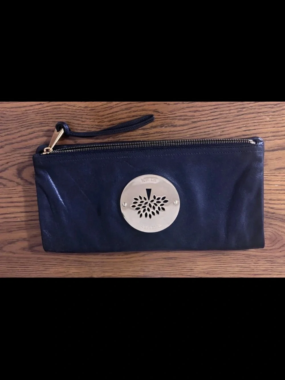 Mulberry Black Leather Wristlet Clutch with Tree Medallion